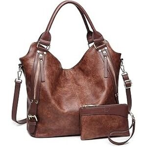Itscosy Women Brown Vegan Leather Hobo Bag Shoulder Purse with Wristlet Set